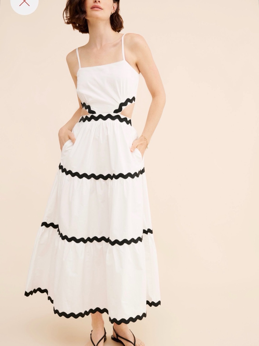 ANTHROPOLOGIE White Maxi Dress with Black Wave Trim Size small